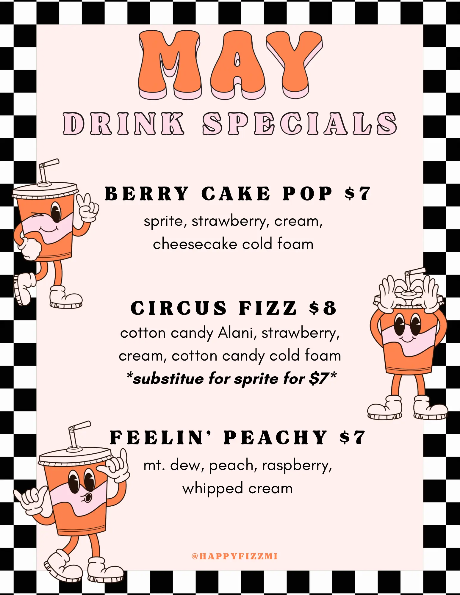 Happy Fizz MI May Drink Specials — Berry Cake Pop, Circus Fizz, Feelin' Peachy